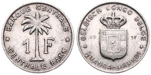 Ruanda-Urundi, Province, Baudouin I, 1 Franc Aluminum 1957, Oil palm divides denomination, KM 4, VF