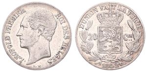 Belgium, Kingdom, Leopold I, 20 Centimes Silver 1852, Bare head left, Morin 58, VF/XF