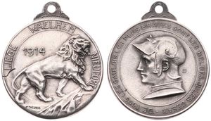 Belgium, Kingdom, Albert I, Medal in Copper-Nickel 1914 by P. Theunis, De tous les Gaulois, les plus braves sont les Belges, Helmeted head left within circle / Belgian Lion, XF 