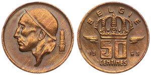 Belgium, Kingdom, Baudouin I, 50 Centimes Bronze 1963FL, Helmeted mine worker left, Morin 669, SCARCER DATE, XF