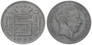 Belgium, Kingdom, Prince Charles, 5 Francs Zinc 1947FL, Head right, Morin 533, EXTREMELY RARE KEY DATE, A.XF