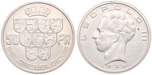 Belgium, Kingdom, Leopold III, 50 Francs Silver 1939FL/FR (Position B), Crown above nine shields, Morin 445d, VARIETY WITHOUT CROSS ON CROWN, XF