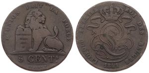 Belgium, Kingdom, Leopold I, 5 Centimes Copper 1841, Seated lion with tablet, Morin 72, A.VF