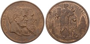 Belgium, Kingdom, Leopold II, 5 Francs (Medallic) Bronze 1880, 50th Anniversary of Belgian Independence, Morin M/13g, (With 10 rays left from column), XF 