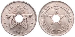 Belgian Congo, Colony, Albert I, 10 Centimes Copper-Nickel 1928/5, Center hole flanked by crowned monograms within beaded circle, KM 18, A.UNC