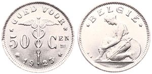 Belgium, Kingdom, Albert I, 50 Centimes Nickel 1923FL, Kneeling woman left, Morin 412, UNC