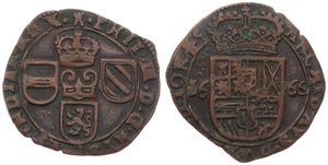 Spanish Netherlands, Philip IV, 1 Oord Copper 1665, Crowned title and three shields / Crowned arms, VH 653.TO - Tournai, A.VF 