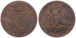 Belgium, Kingdom, Leopold I, 5 Centimes Copper 1841, Seated lion with tablet, Morin 72, VARIETY WITH / ON E IN LEOPOLD, Fine