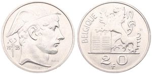Belgium, Kingdom, Baudouin I, 20 Francs Silver 1953FR, Helmeted head of Mercurius right, Morin 545, UNC