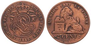 Belgium, Kingdom, Leopold I, 2 Centimes Copper 1848, Seated lion with tablet, Morin 97, VERY RARE DATE, F/VF (slightly cleaned)