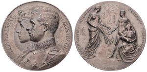 Belgium, Kingdom, Albert I, Medal in Copper-Nickel 1914 by G. Devreese, Générosité Amérique - Belgique Gratitude, Conjoined busts of Albert & Elisabeth left / Allegorical figures, XF