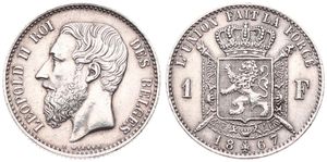 Belgium, Kingdom, Leopold II, 1 Franc Silver 1867FR, Bearded head left, Morin 173, XF
