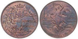 Belgium, Kingdom, Leopold II, Medal in Copper 1894 by Michaux, Exposition Universelle d'Anvers, Liberty walking on water & view on Antwerp buildings / City coat of arms on a laurel tree, A.UNC