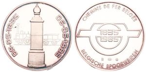 Belgium, Kingdom, Baudouin I, Medal in Silver 1985, 50th Anniversary Belgian Railways, Old locomotive behind column / Legend in 4 lines, GMJ 1985/B.41.b, PROOF