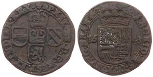 Spanish Netherlands, Philip IV, 1 Oord Copper 1643, Crowned title and three shields / Crowned arms, VH 653.BS - Brussels, A.VF (in MEDAL ALIGNMENT !)