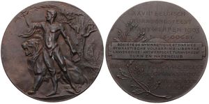 Belgium, Kingdom, Leopold II, Medal in Bronze 1903 by F. Baetes & J. Baetes, Fete Federale Belges de Gymnastique à Anvers, Half naked man and seated lion left, A.UNC 