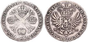 Austrian Netherlands, Maria Theresia, 1/2 Kronenthaler Silver 1766(b), Floriated cross with crowns at angles / Crowned imperial double headed eagle, KM 19 Brussels, VF