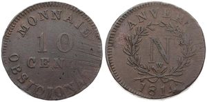 Belgium, Kingdom, Antwerpen (Siege of Antwerp), Napoleon, 10 Centimes Bronze 1814, Emergency issue - N Monogram within wreath - W above ribbon bow, KM 5.4, VF