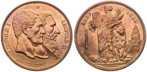 Belgium, Kingdom, Leopold II, 5 Francs (Medallic) Copper 1880, 50th Anniversary of Belgian Independence, Morin M/13h, (With 10 rays left from column), A.UNC