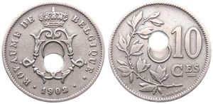 Belgium, Kingdom, Leopold II, 10 Centimes Copper-Nickel 1902FR, Center hole within crowned monogram, Morin 258, RARE ERROR COIN !, VF