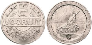 Belgium, Kingdom, Gent, 5 Frank Copper-Nickel 1928, Legend Waarde Vijf Frank VOORUIT / People in front of radiant sun - Legend : Samenwerking Werkende klasse, XF