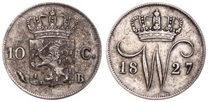 Netherlands, Kingdom, William I, 10 Cents Silver 1827B, Crowned arms, KM 53, (Brussels), VF