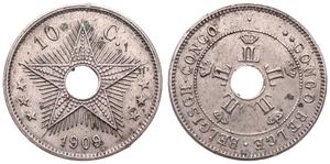 Belgian Congo, Colony, Leopold II, 10 Centimes Copper-Nickel 1909, Center hole flanked by crowned monograms within beaded circle, KM 13, Coin Alignment, XF