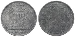 Belgium, Kingdom, Prince Charles, 1 Franc Zinc 1947FL/FR, Rampant lion left on shield, Morin 535, SCARCE KEY DATE & VARIETY : DOUBLE 4 IN DATE, VF