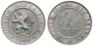 Belgium, Kingdom, Leopold II, 10 Centimes Copper-Nickel 1894FR, Rampant lion within circle left, Morin 236, A.UNC