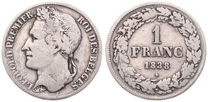 Belgium, Kingdom, Leopold I, 1 Franc Silver 1838, Laureate head left, Morin 25, SCARCE, A.VF