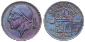 Belgium, Kingdom, Baudouin I, 50 Centimes Bronze 1959FR, Helmeted mine worker left, Morin 666a, VARIETY WITH TRIANGLE BELOW CHIN, XF