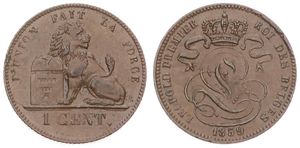 Belgium, Kingdom, Leopold I, 1 Centime Copper 1859, Seated lion with tablet, Morin 127a, VARIETY WITHOUT DASH BELOW CENT !, XF/AU