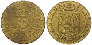 Belgium, Kingdom, Gent, 5 Franken Brass Plated Iron 1918, Emergency Issue - Rampant Lion within shield and circle/ Legend : Uitbetaalbaar januari 1922, KM Tn7, A.XF
