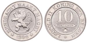 Belgium, Kingdom, Leopold II, 10 Centimes Copper-Nickel 1898FL, Rampant lion within circle left, Morin 241, UNC