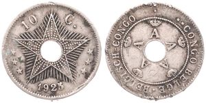 Belgian Congo, Colony, Albert I, 10 Centimes Copper-Nickel 1925/4, Center hole flanked by crowned monograms within beaded circle, KM 18, A.VF 
