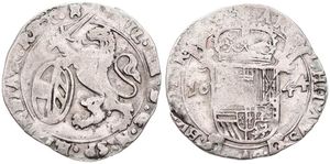 Spanish Netherlands, Philip IV, 1 Schelling Silver 1644, Rampant lion holding sword and shield left / Crowned arms on cross, VH 648.TO - Tournai, RARE DATE !, A.VF