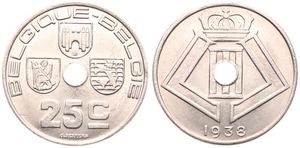 Belgium, Kingdom, Leopold III, 25 Centimes Nickel-Brass 1938FR/FL, Center hole within crowned monogram, Morin 461, UNC