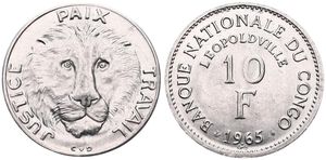 Congo Democratic Republic, Republic, 10 Francs Aluminum 1965, Lion facing, KM 1 (small lettering), UNC