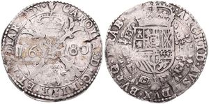 Spanish Netherlands, Charles II, 1 Patagon Silver 1680, Cross with crown and golden fleece within circle / Crowned arms within circle, VH 698.AN - Antwerp, SCARCE, A.VF