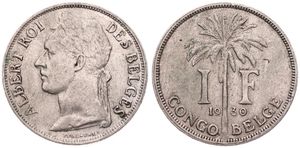 Belgian Congo, Colony, Albert I, 1 Franc Copper-Nickel 1930, Laureate head of the King left, KM 20 French Legend, VF