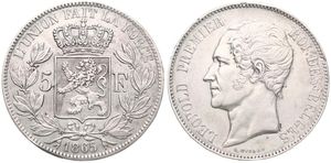 Belgium, Kingdom, Leopold I, 5 Francs Silver 1865, Bare head left, Morin 45e, VARIETY WITH DOUBLE 5 IN DATE !, VF+