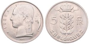 Belgium, Kingdom, Baudouin I, 5 Francs Copper-Nickel 1968FR, Head of Ceres left, Morin 568, UNC
