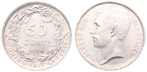 Belgium, Kingdom, Albert I, 50 Centimes Silver 1914FR, Head left, Morin 304, SCARCE KEY DATE & VARIETY WITH LARGE N IN CENTS !, UNC