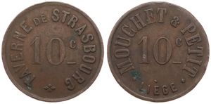 Belgium, Kingdom, Liège, Jeton in Copper ND, 10 Centimes Taverne de Strasbourg / 10 Centimes Mouchet & Petit à Liège, VF 
