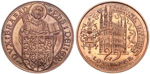 Belgium, Kingdom, Baudouin I, Leuven - 25 Lovenaar in Red Copper Plated Steel 1980, St. Peter behind shield of arms / City Hall of Leuven, GMJ 1980/3b, EXTREMELY RARE, UNC