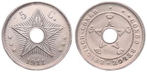 Belgian Congo, Colony, Albert I, 5 Centimes Copper-Nickel 1911, Center hole flanked by crowned monograms within beaded circle, KM 17, UNC