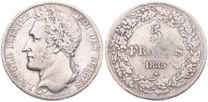 Belgium, Kingdom, Leopold I, 5 Francs Silver 1835, Laureate head left, Morin 10b (Position B), A.VF