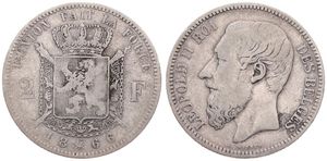 Belgium, Kingdom, Leopold II, 2 Francs Silver 1866FR, Bearded head left, Morin 168a, VARIETY WITHOUT CROSS ON CROWN, Fine