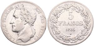 Belgium, Kingdom, Leopold I, 5 Francs Silver 1835, Laureate head left, Morin 10a (Position A), A.VF