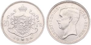 Belgium, Kingdom, Albert I, 20 Francs Silver 1934FL (Position B), Head left, Morin 308b, UNC